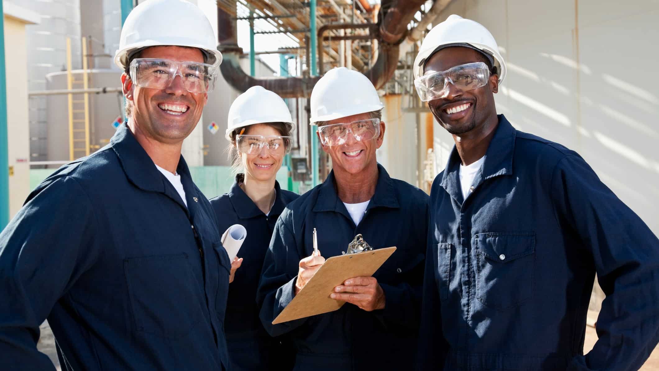a group of four engineers stand together smiling widely wearing hard hats, overalls and protective eye glasses with the setting of a refinery plant in the background.