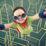 a small boy dressed in a superhero outfit soars into the sky with a graphic backdrop of a cityscape.