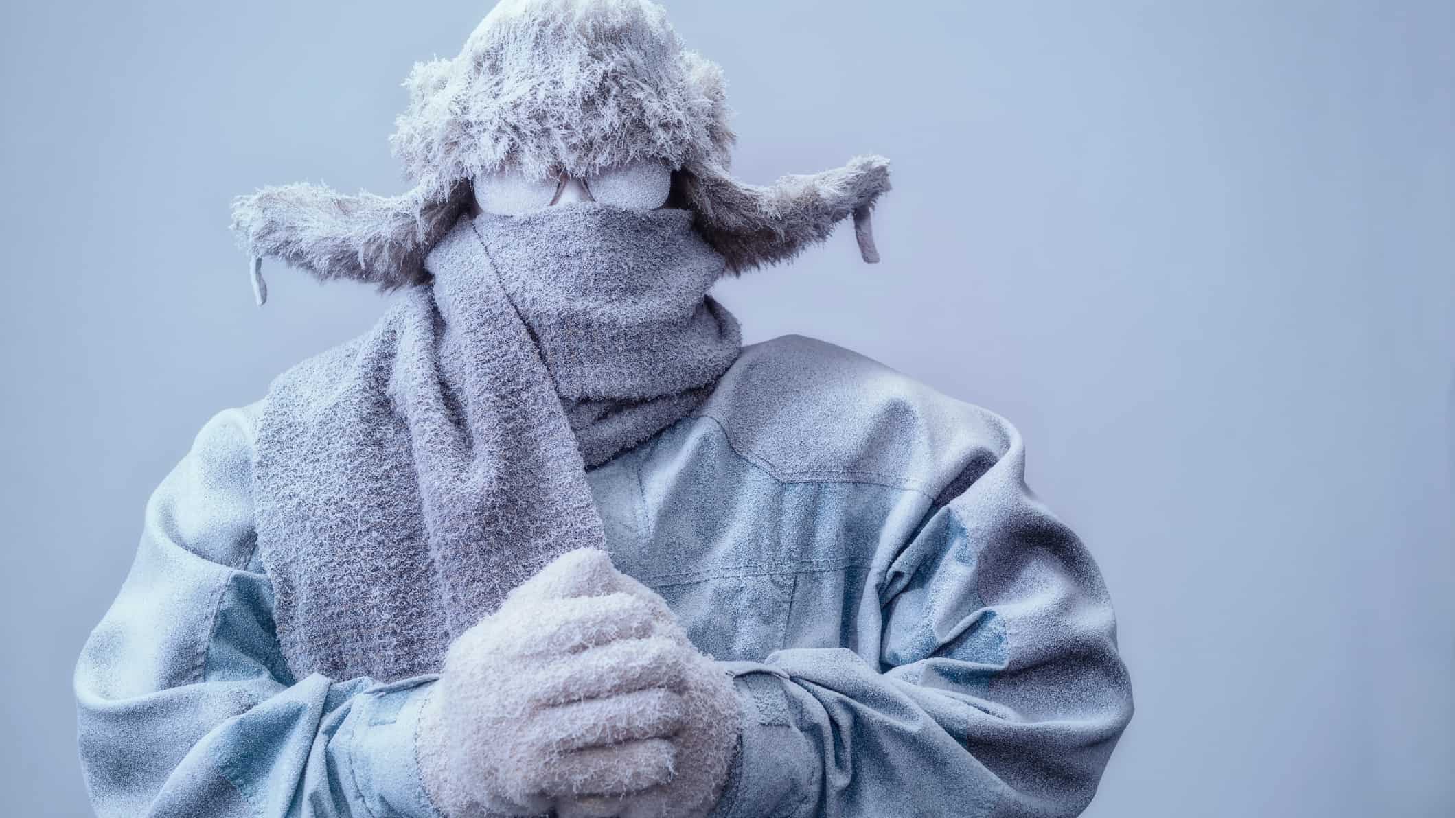 a person wrapped in warm clothing with head, eyes and face covered by a hat, glasses and a scarf is coated in a layer of snow and ice.