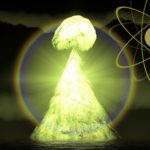 a uranium-fuelled mushroom shaped cloud explosion surrounded by a circle of rainbow light with a symbol of an atom to one side of it.