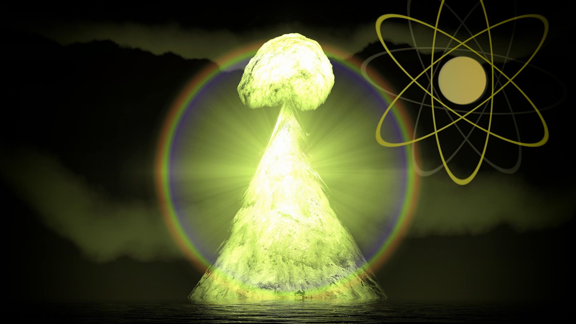 a uranium-fuelled mushroom shaped cloud explosion surrounded by a circle of rainbow light with a symbol of an atom to one side of it.