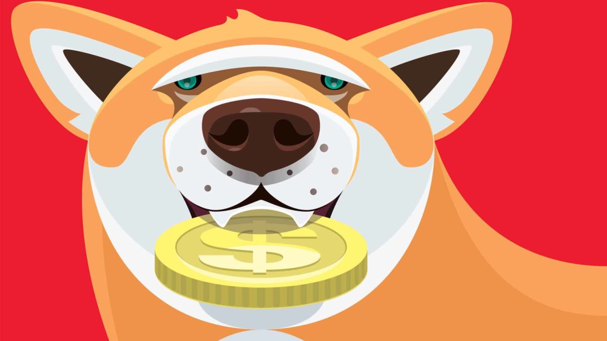 A cartoon graphic of a dog with virtual coin in mouth.