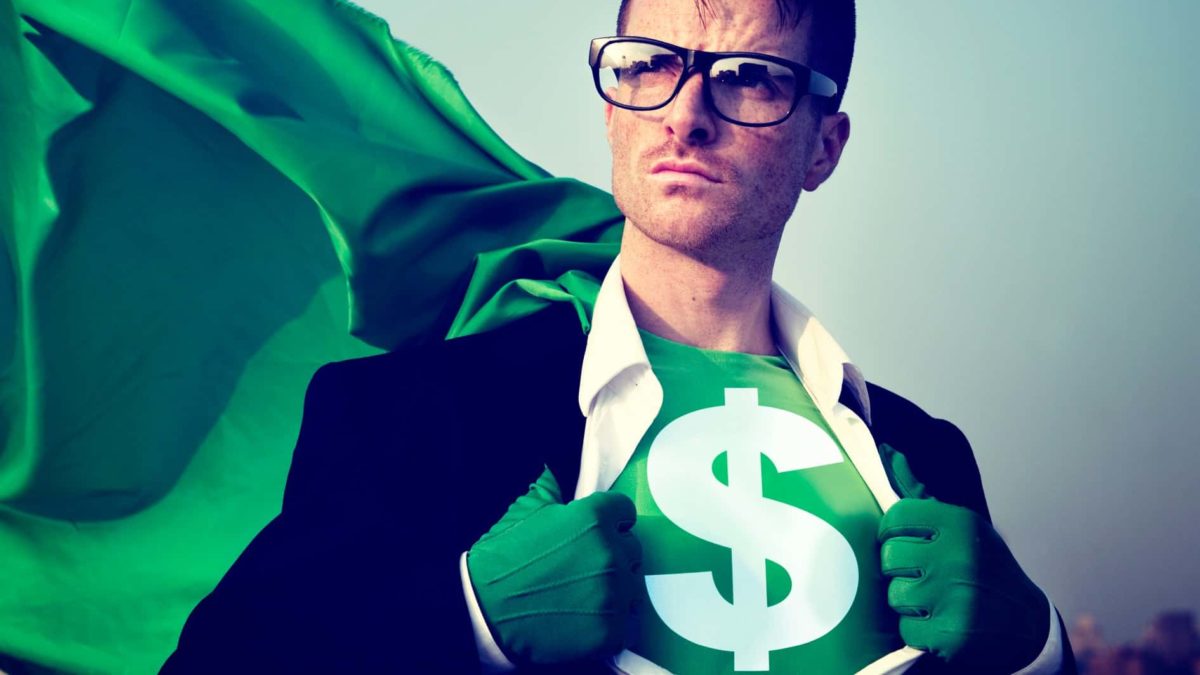 A green-caped superhero reveals their identity with a big dollar sign on their chest.
