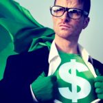 A green-caped superhero reveals their identity with a big dollar sign on their chest.