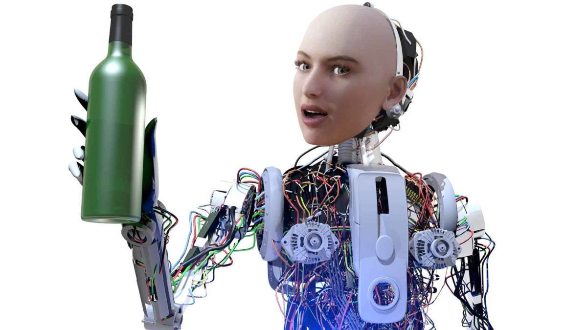 an artifical intelligence robot figure with a human face holds up a bottle of wine with a robot style hand.