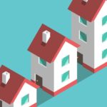 a graphic image of three houses standing next to each other in ascending order of height.