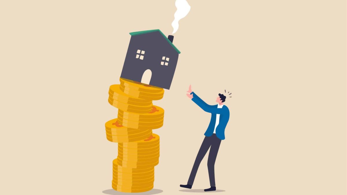 a graphic image of a pile of gold coins balanced precariously with a house on top with smoke coming out of the chimney and a human figure with hands up as if to shield himself from the prospect of the house falling.