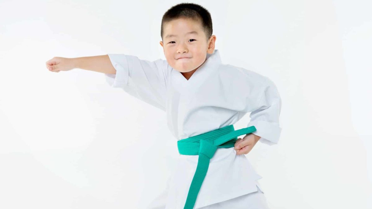 a small child in a judo outfit with a green belt strikes a martial arts pose with his hand thrust forward and a cute smile on his face.