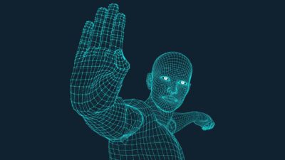 a high tech computer generated detailed graphic of a human holds up a hand to indicate stop or halt.