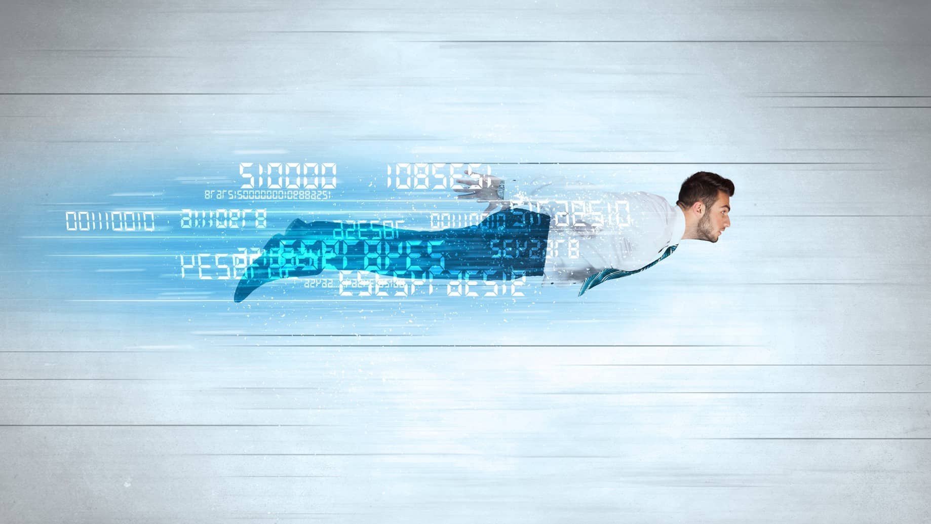 A man flies fast through a digital space with numbers all around him.