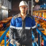 A male oil and gas mechanic wearing a white hardhat walks along a steel platform above a series of gas pipes in a gas plant.