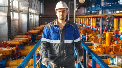 A male oil and gas mechanic wearing a white hardhat walks along a steel platform above a series of gas pipes in a gas plant