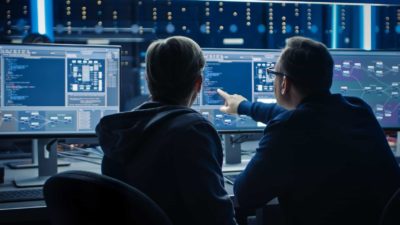 Two male professional analysts discuss share price movements shown on the computer screen in front of them, with one pointing to a screen