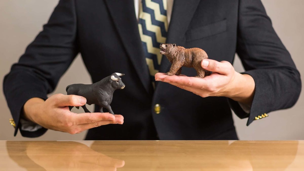 Investor holds a bull and a bear in each hand.