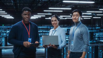 a group of three cybersecurity experts stand with satisfied looks on their faces with one holding a laptop computer while he group stands in front of a large bank of computers and electronic equipment.