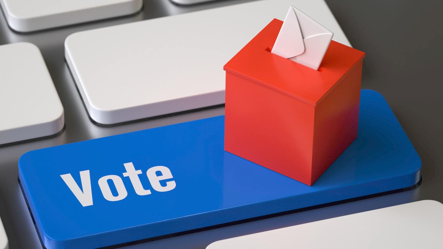 A square ballot box sits on a blue keyboard key that says 'vote'