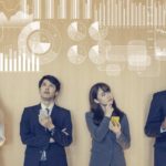 A group of people in business attire stand in a line against a wall, each with considered expressions on their faces, and superimposed above them a montage of graphs, charts, figures and metrics.