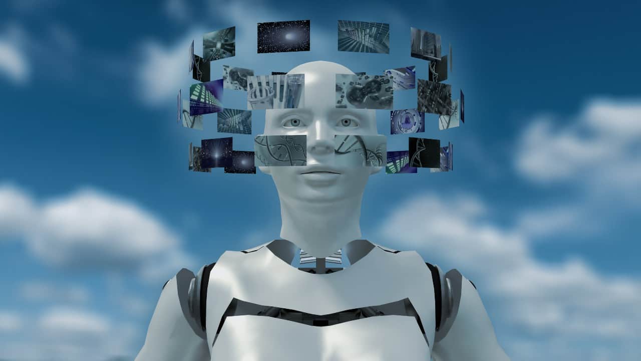 An artificial intelligence being scans a series of data and information images flying past her eyes.