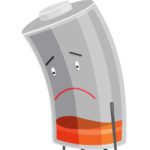 A cartoon drawing of a battery with arms, legs and a sad face slumping foraward and looking despondent.