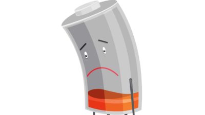 A cartoon drawing of a battery with arms, legs and a sad face slumping foraward and looking despondent.