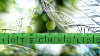 Biotechnology spelt out on green blocks.