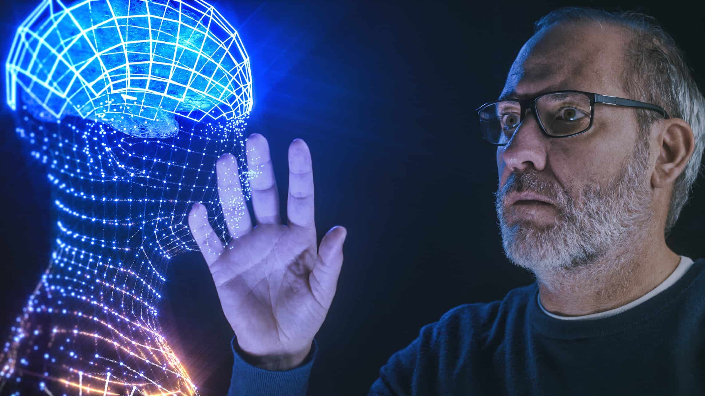 A man touches an AI light version of a brain