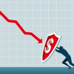 Concept image of man holding up a falling arrow with a shield.