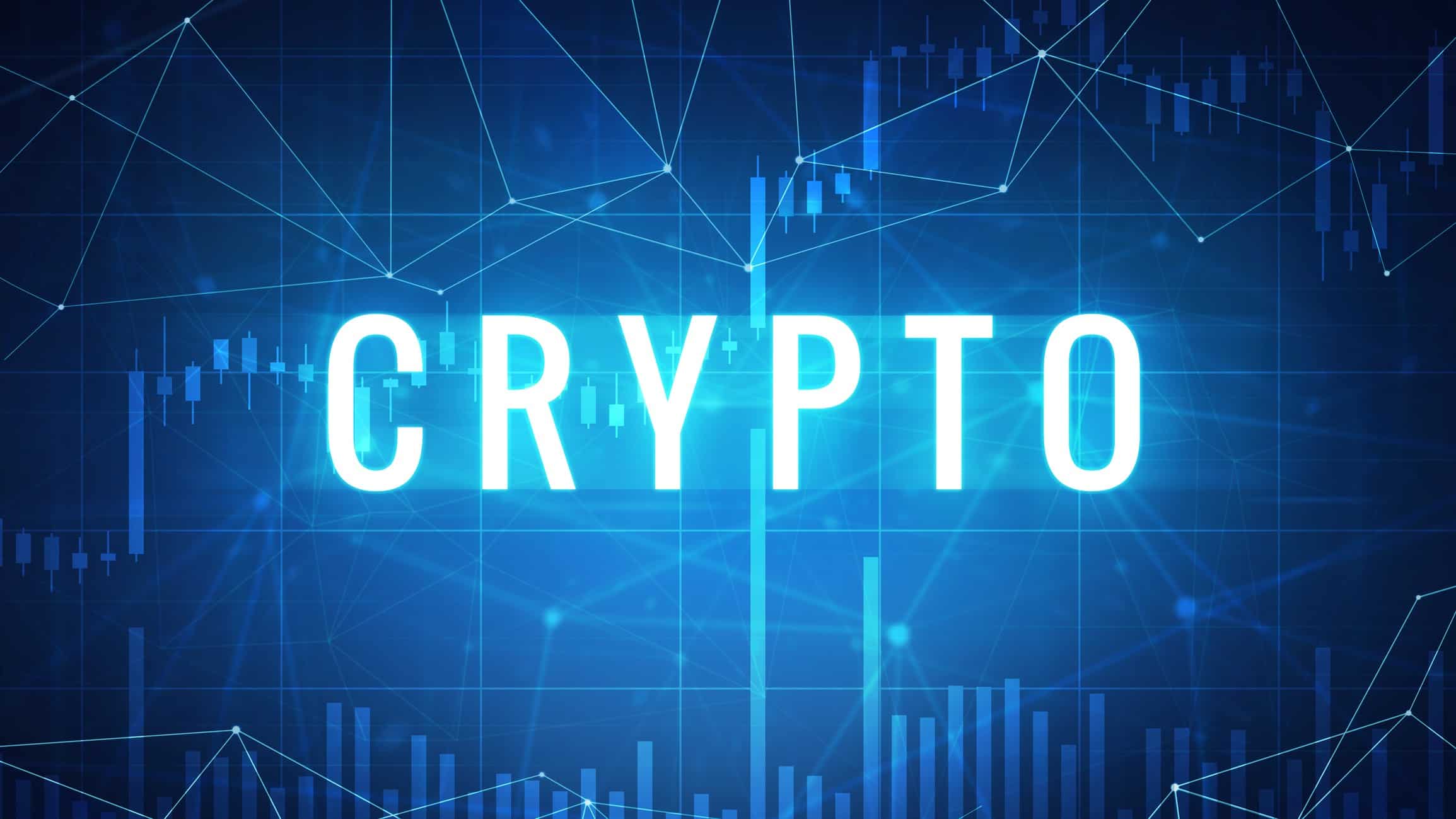 The word crypto spelt out in front of a blue background.
