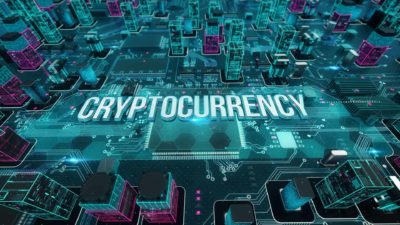 The word cryptocurrency written on a green digital background.