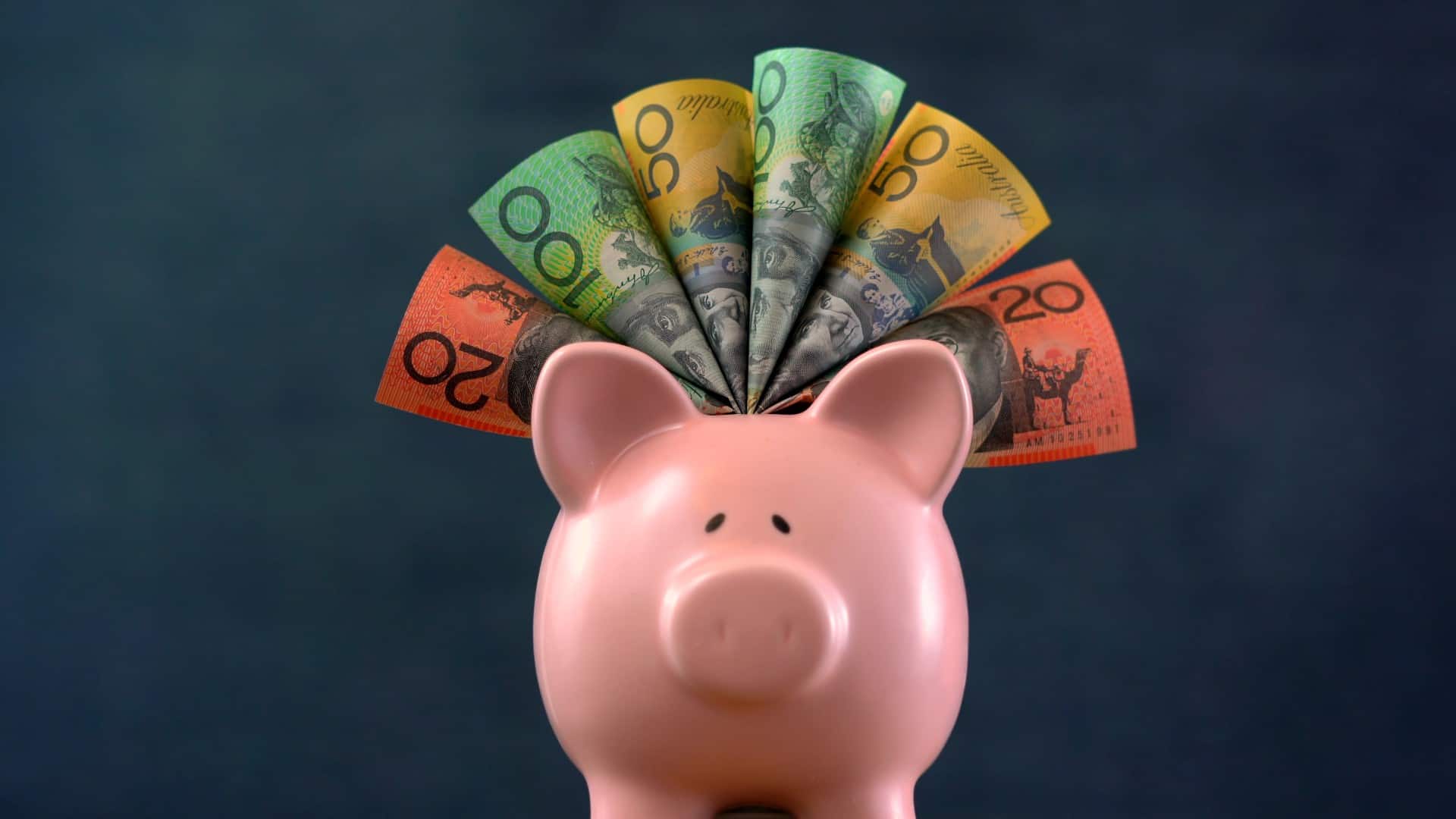 Australian dollar notes around a piggy bank.