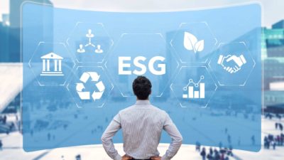 ESG with environmental related symbols on a blue background.