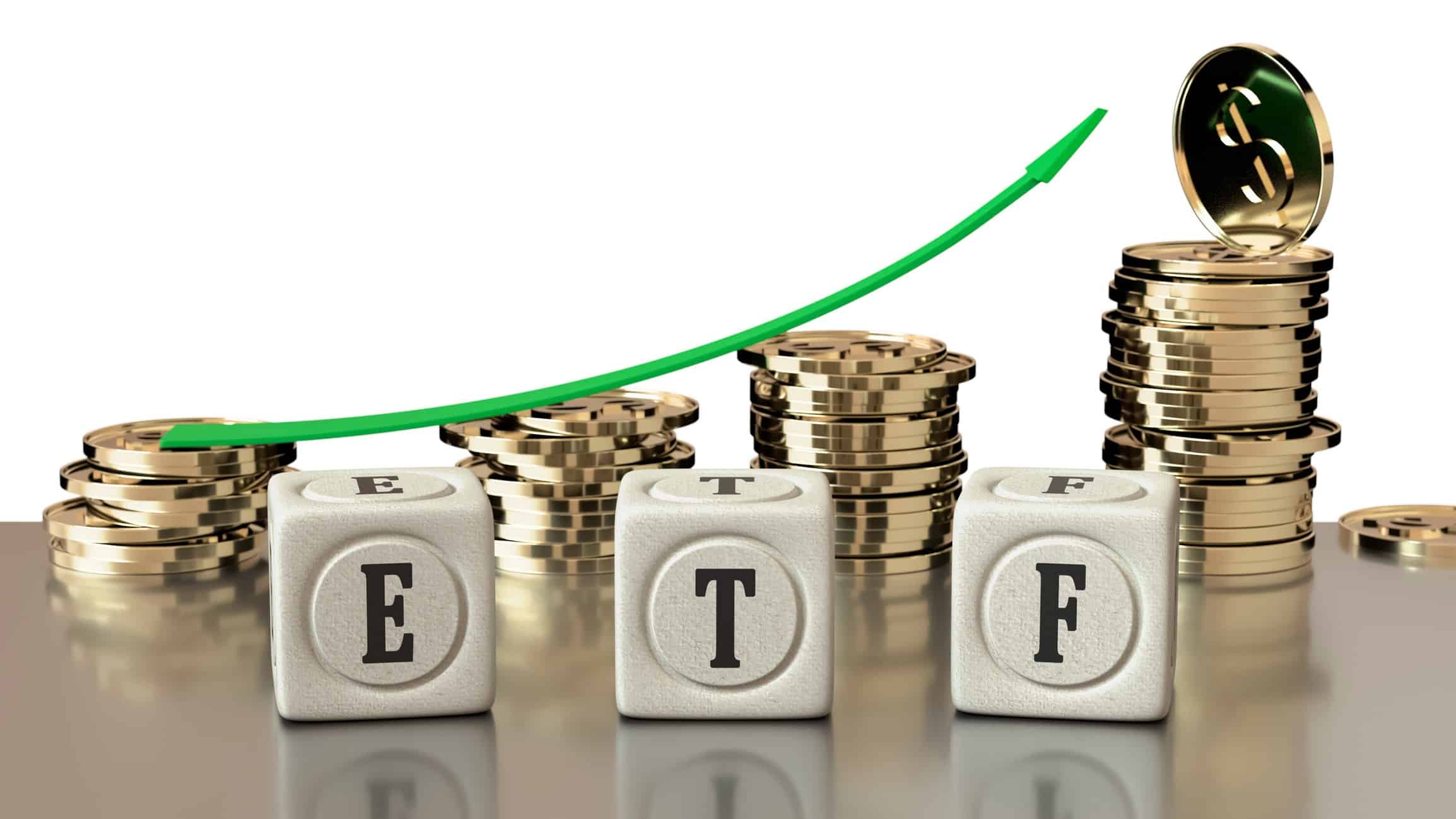 ETF on white blocks with a rising arrow on top of coin piles.