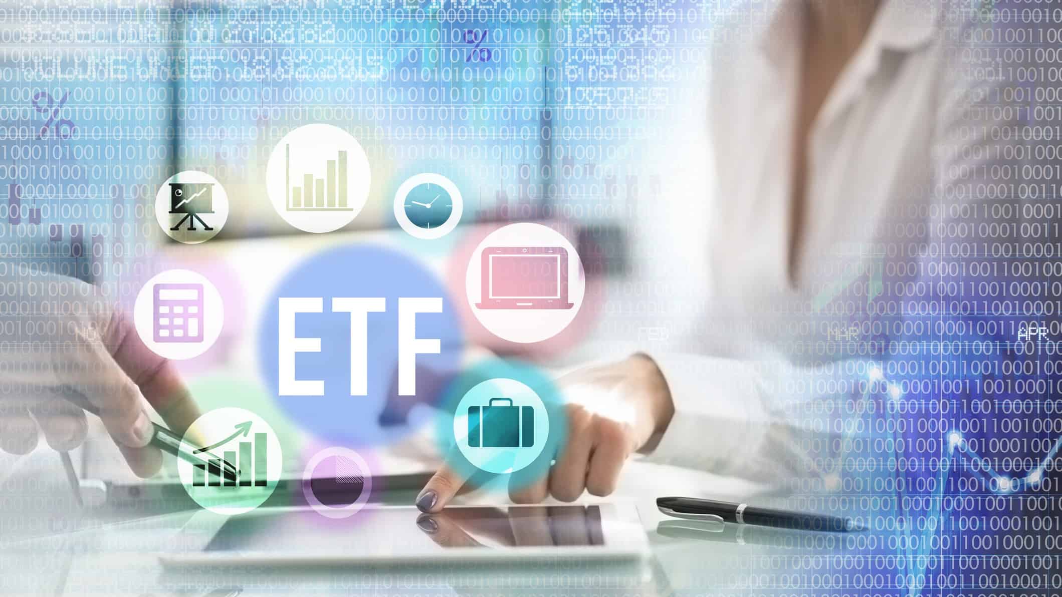 ETF with different images around it on top of a tablet.