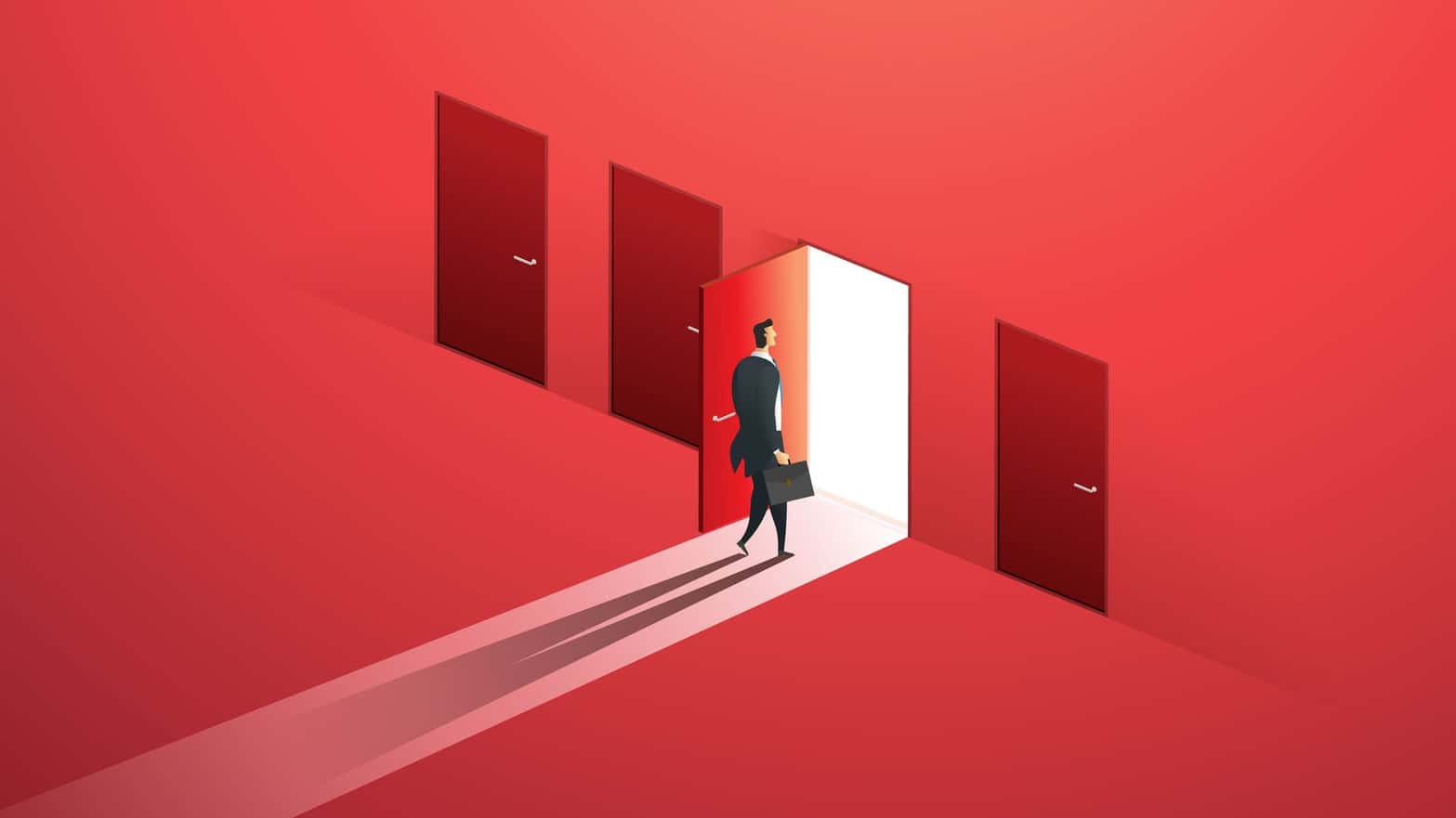 Concept of a businessman walking through one open door amid three other closed doors.