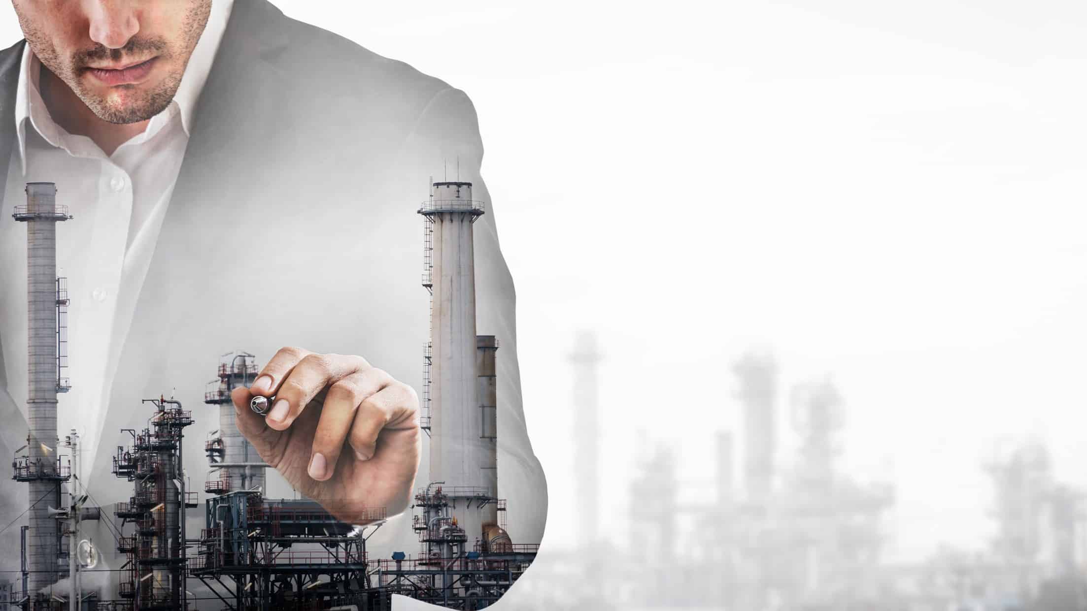 a graphic image of a polluting fossil fuel processing plant superimposed with the image of a businessman holding a pen and signing off on it.