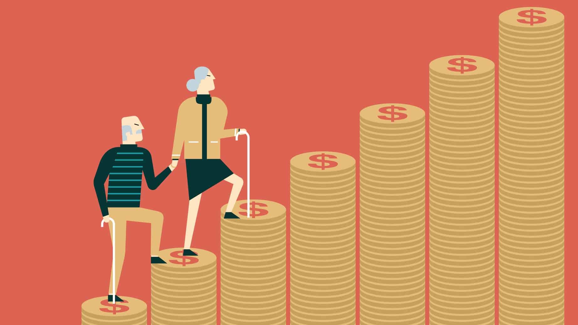 Man and woman retirees walking up stacks of money symbolising superannuation.