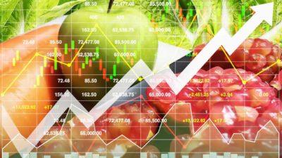 Supermarket fruit with a rising arrow.