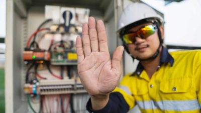 A worker in hi vis gear holds his hand up saying no.