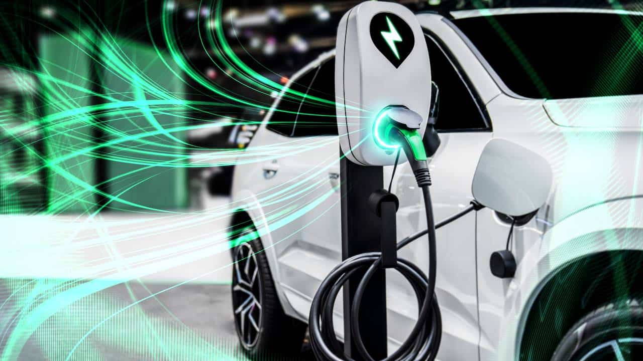 A white EV car and an electric vehicle pump with green highlighted swirls representing ASX lithium shares