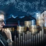 a woman sits in comtemplation with superimposed images of piles of gold coins, graphs and star-like lights above her head as though she is thinking about investment options.