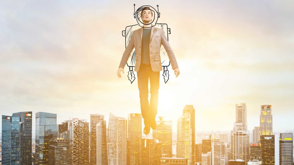 A man flies into the sky over a city building-scape with a rocket jet pack sketched onto his back representing the Imugene share price skyrocketing today