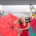 A woman and her umbrella are blown away by the force of a rocket.