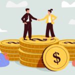 Animation of man and woman shaking hands on a deal on top of gold coins.