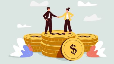 Animation of man and woman shaking hands on a deal on top of gold coins.