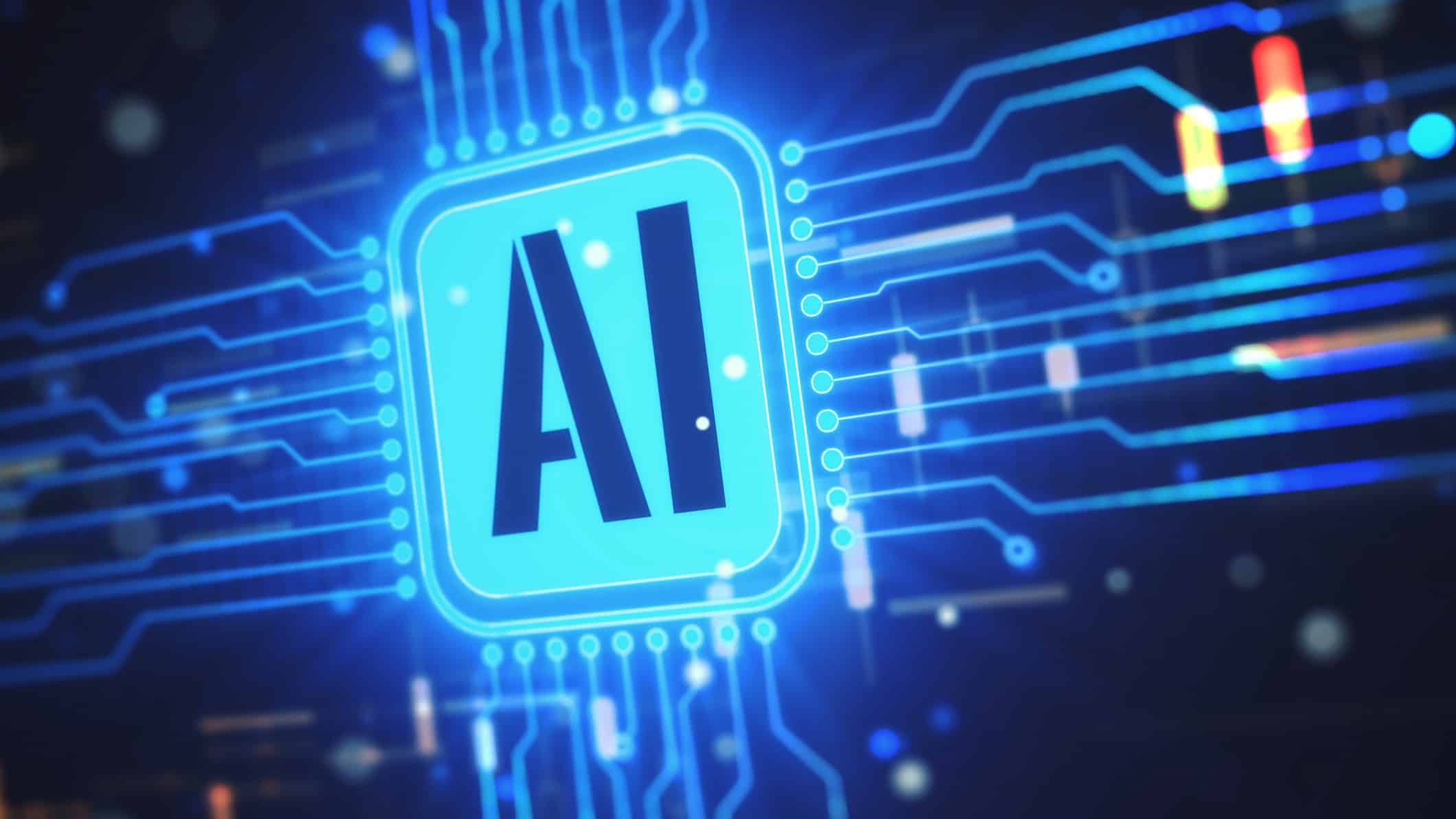 AI written in blue on a digital chip.