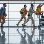 A group of people walk rapidly in a line with airport trolleys and carting baggage.