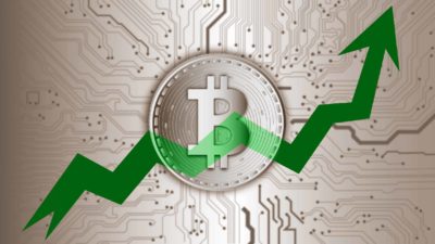 Bitcoin symbol with a rising green arrow.