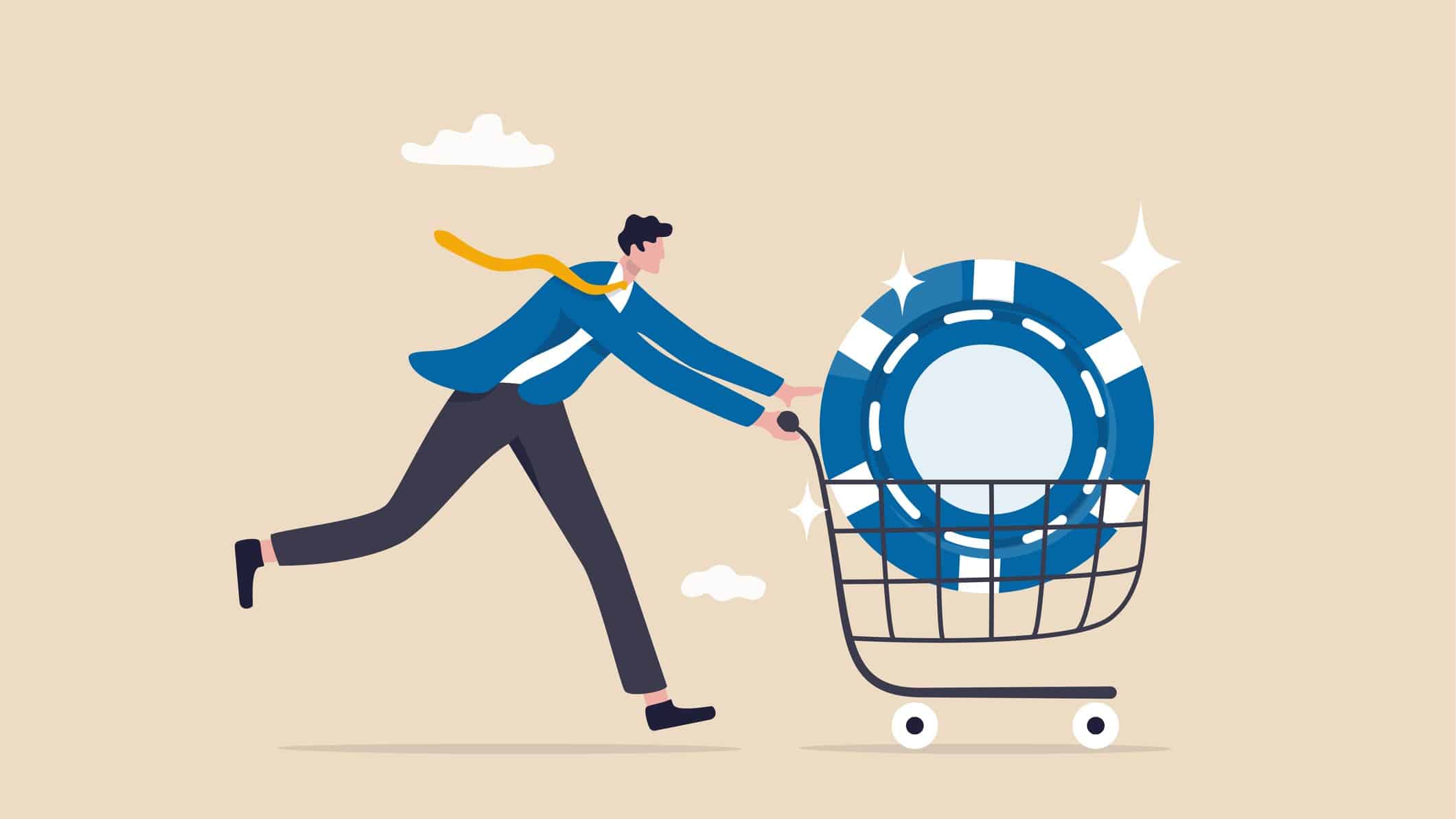 Blue chip in a trolley with a man pushing it.