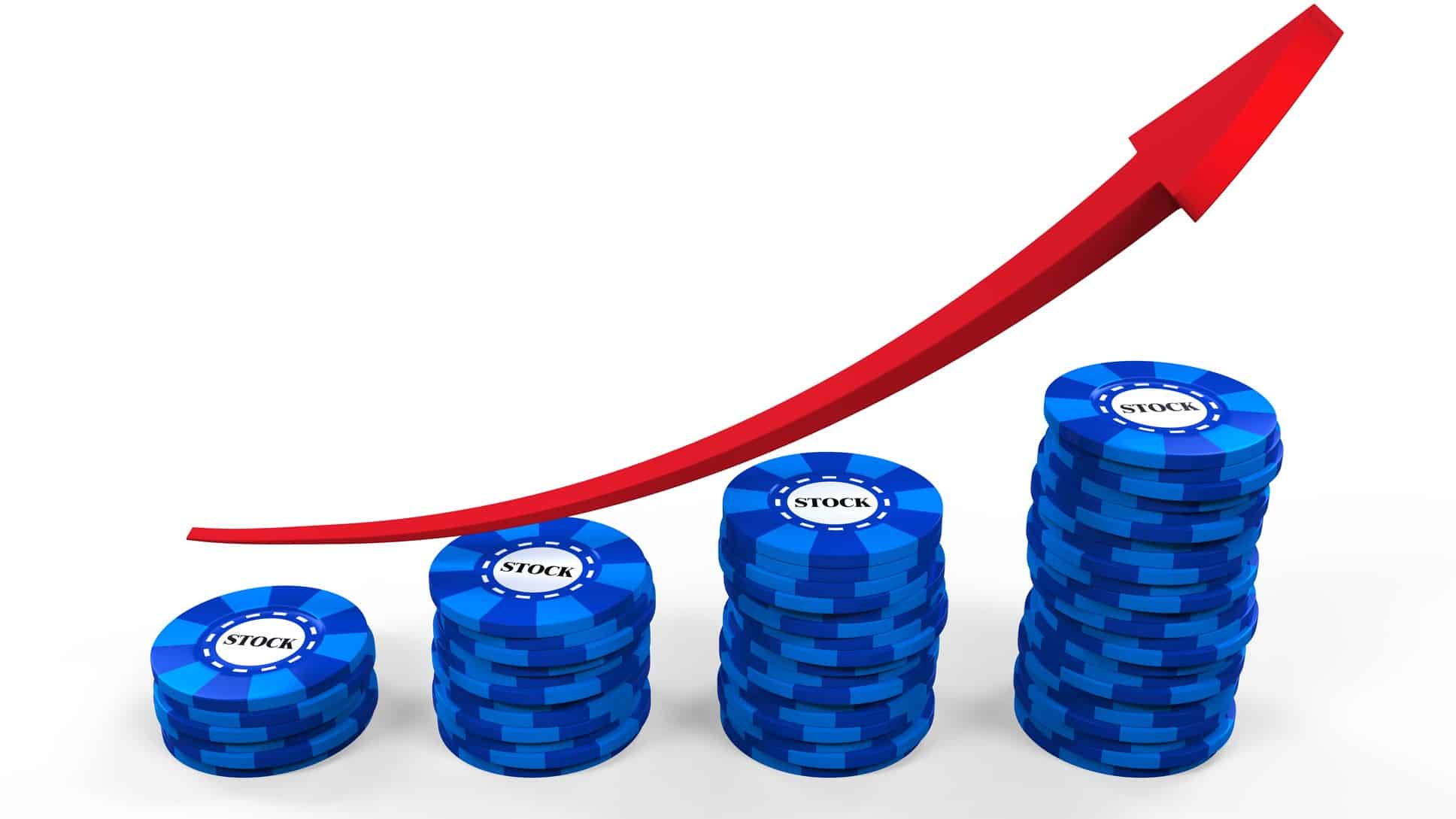 Increasing stack of blue chips with a rising red arrow.
