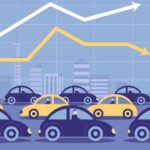 Animation of blue and yellow cars with arrows at the top symbolising automotive share price.